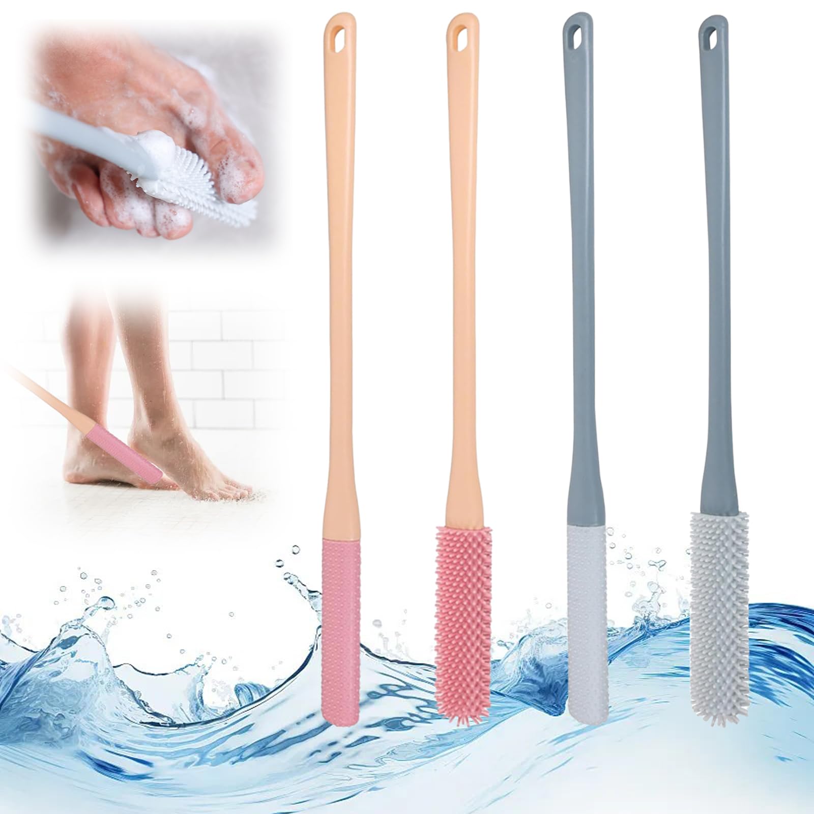 4PCS Silicone Foot Cleaning Brush With Long Handle Toe Cleaner Scrubber for Shower - Two Sizes of Brush Heads (Grey and Pink Sets)