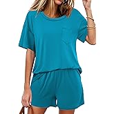 Ekouaer Women's 2 Piece Pajama Sets Short Sleeve Lounge Sets Soft Round Neck Top and Shorts Sleepwear