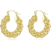Lumwzt 14K Gold Hoop Earrings for Women Chunky Lightweight Statement Earrings Woven Gold Hoops Hypoallergenic Jewelry Gift for Her