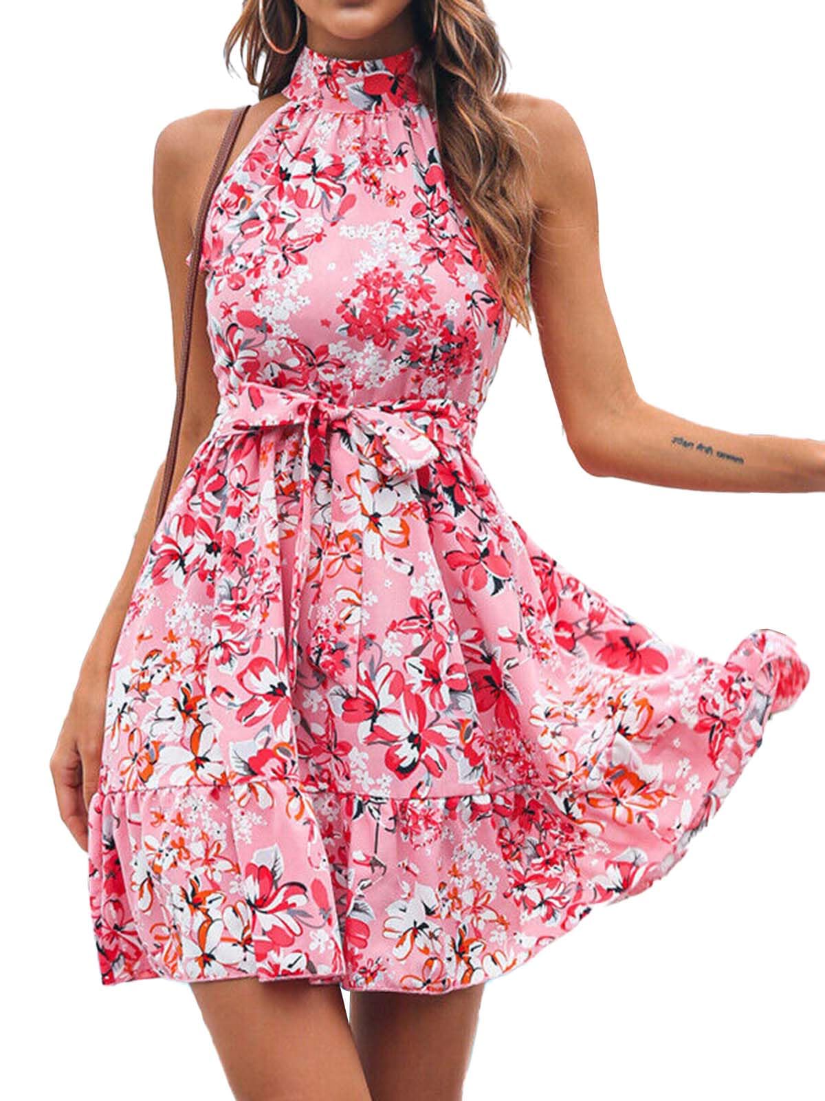 Sundresses For Women Casual Summer - Summer Dress For Women Halter Neck Dresses Tank Sleeveless Dress Beach Casual Floral Printed Mini Sundress