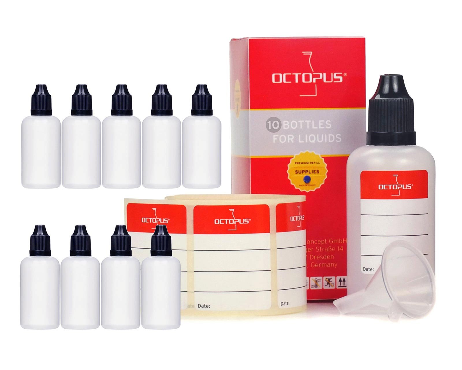 Octopus 10 x 50 ml liquid bottles with funnel + labels, e.g. for e-liquids + e-cigarettes, LDPE plastic bottles, liquid dosing bottles, dropper bottles or squeeze bottles + black lids