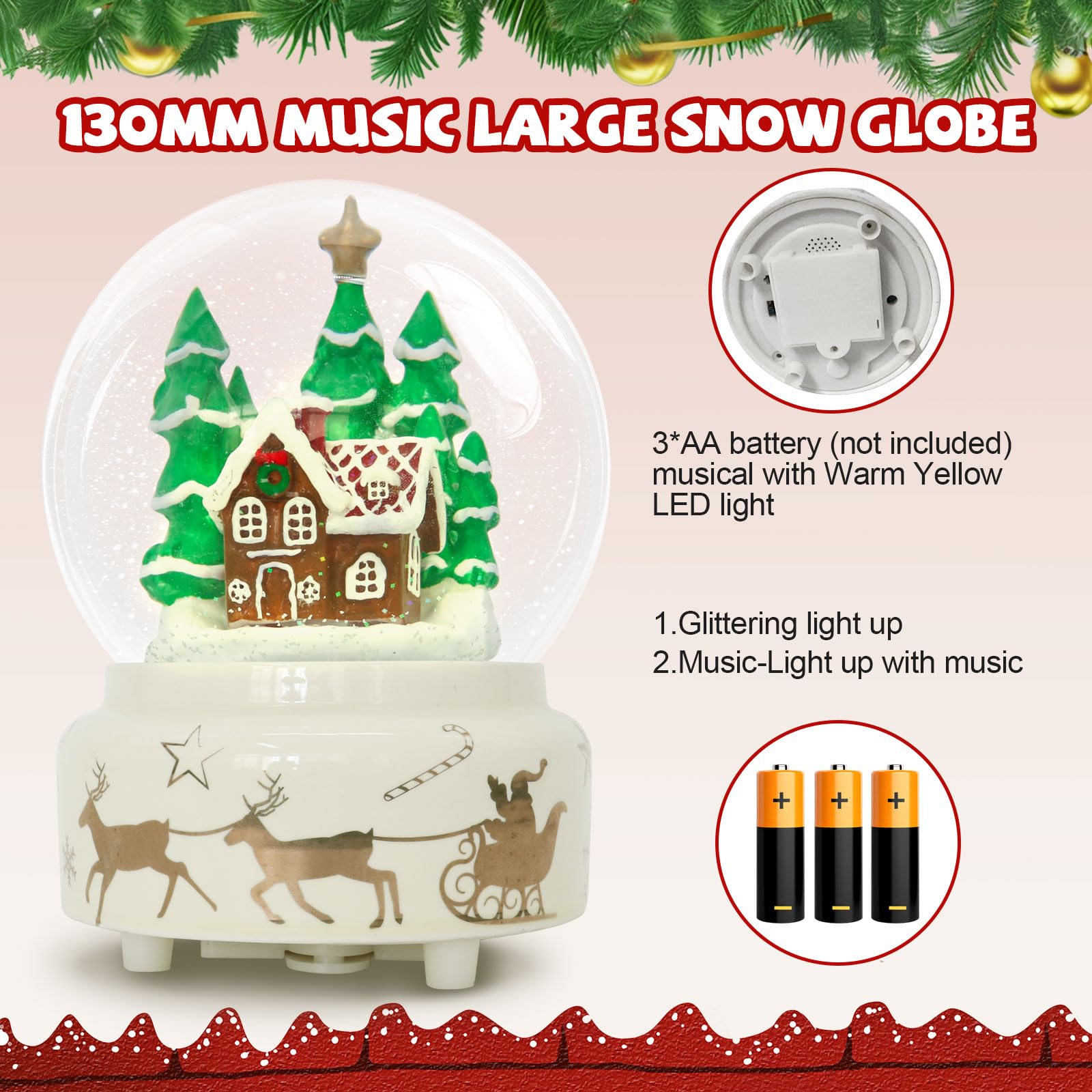 GIYBIGM 6.5Inch Height Christmas Snow Globe with Gingerbread Man House on Ceramic Base LED Light Musical Snowflakes Holiday Decoration, Holiday Home Decor, Large Illuminated Glitter Water Globe.