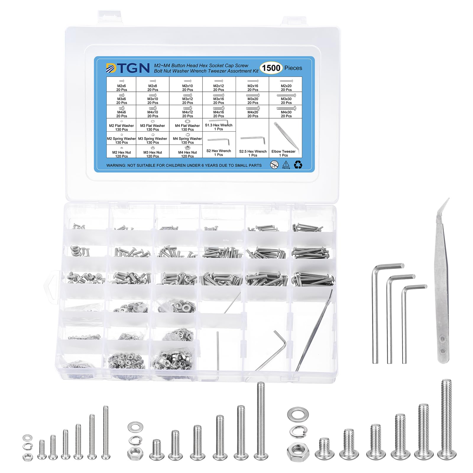 DTGN 1500Pcs M2/M3/M4 Button Head Hex Socket Cap Screw - Bolt Nut Washer Wrench Tweezer Assortment Kit 304 Stainless Steel - Good for Machine, Furniture