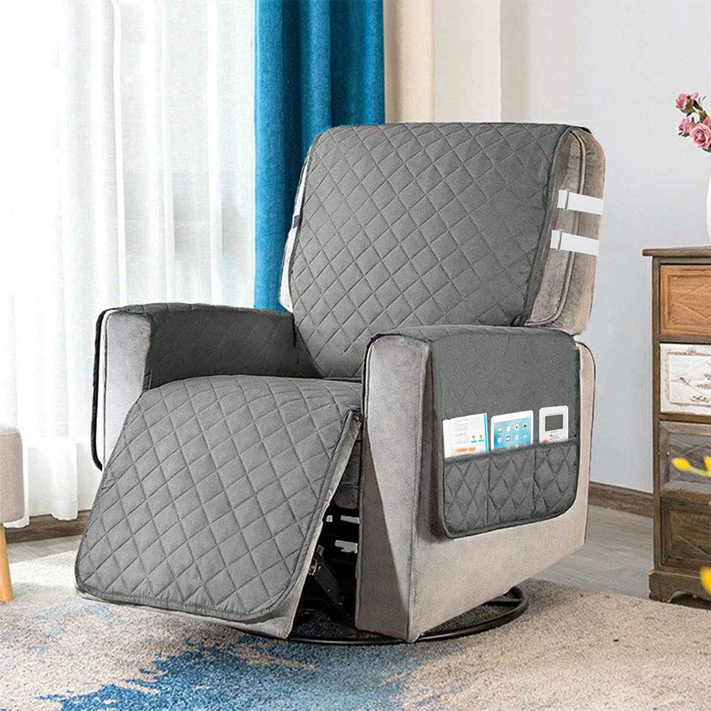 Your's Bath Recliner Chair Cover Mat for Armchair Reclining Chair Cover with 2 Adjustable Elastic Strap & 6 Pockets, Armchair Sofa Protector Washable Sofa Cover Protect for Pets (Grey)