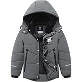 TUNICCE Boy's Winter Coat Waterproof Down Jacket Thickened Fleece Lined Parka with Detachable Hood Insulated Outerwear