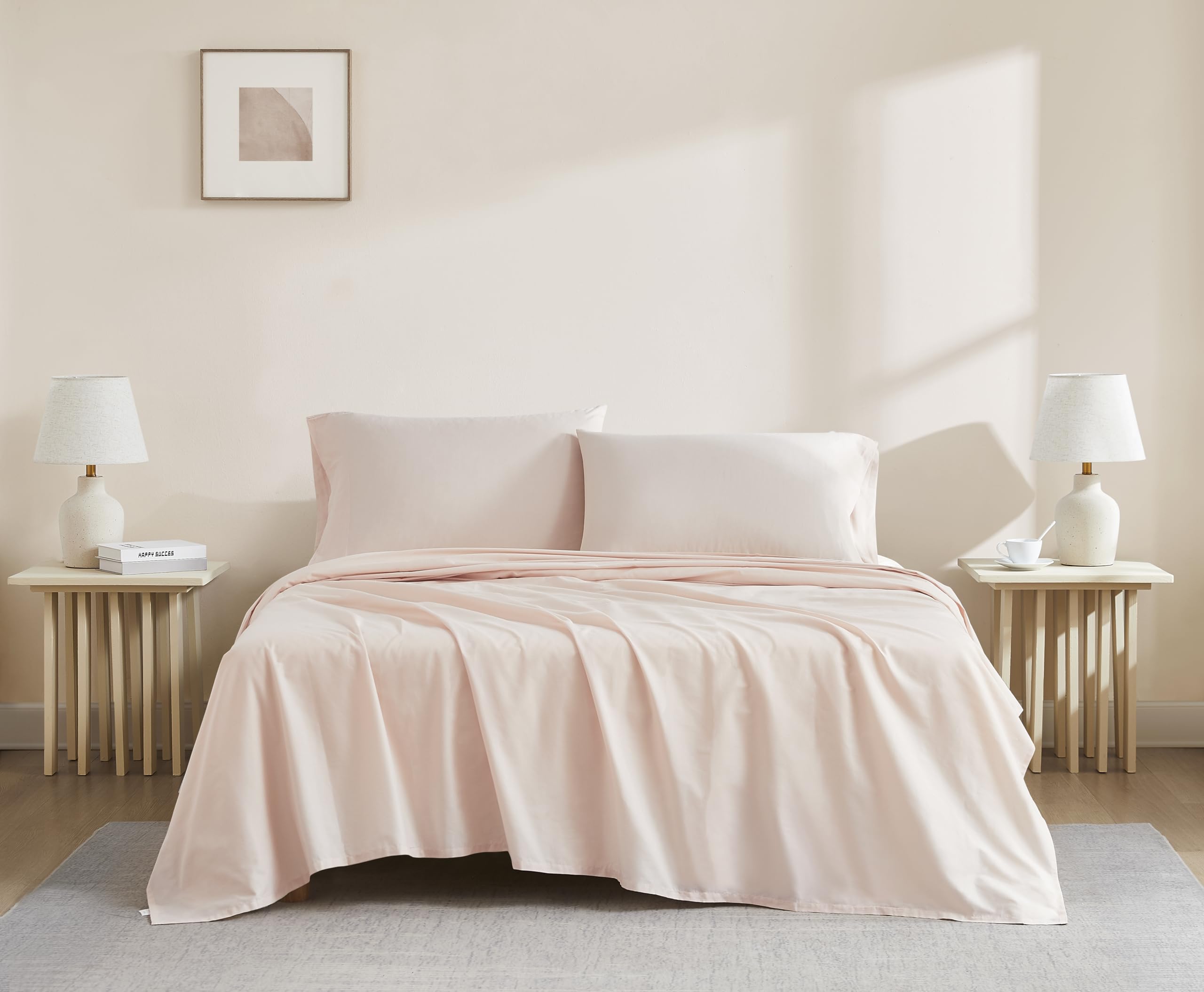 Photo 1 of Linen Closet Organic 100% Cotton Queen Sheet 4 Pcs Set, 18” Deep Pocket, Light Pink | Lightweight, Eco-Friendly Cotton, Percale Softness, Durable & Breathable, Naturally Cooling | All Season Comfort