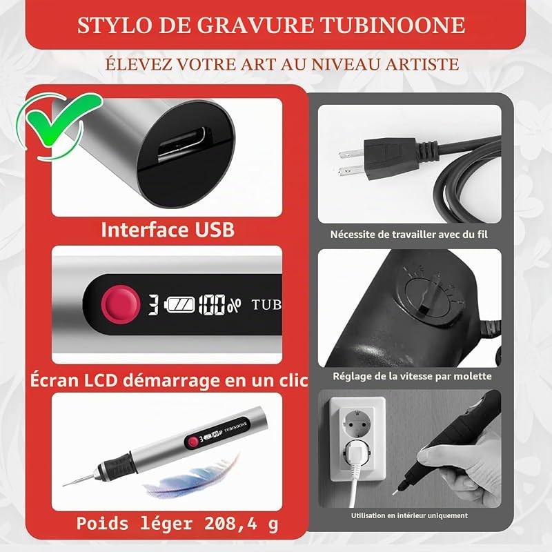 Stylo de gravure portable sans fil ultime pour artistes et amateurs de bricolage - Gravure sur plus de 50 surfaces - Convient aux débutants - Rechargeable - Comprend 30 embouts et