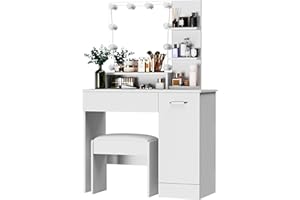 ComfyCorner White Vanity Table with DIY Lighted Mirror, Makeup Vanity Table Set with Drawer and Storage Cabinet