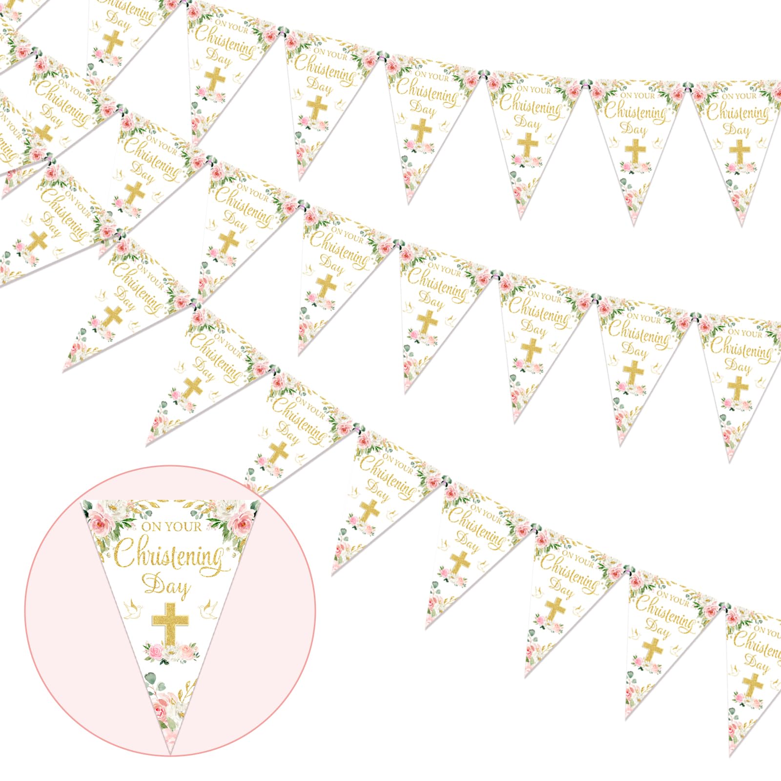 Christening Decorations for Girls Pink - 3 Pack Christening Banners, 36pcs Baptism Flag Bunting, First Holy Communion Decorations