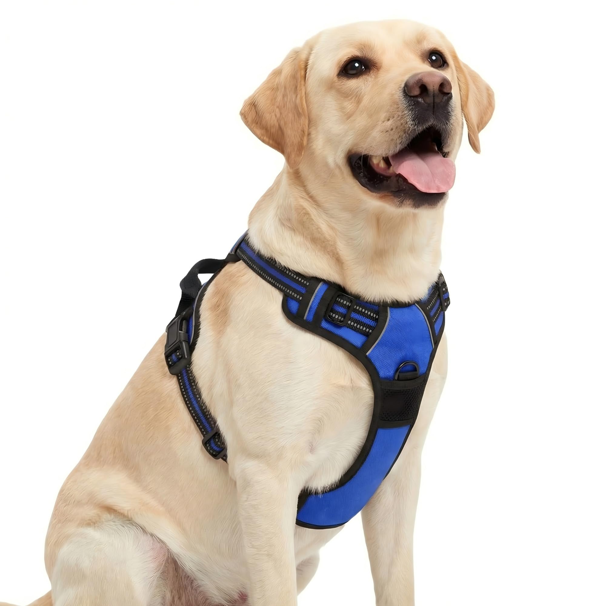 Funfox Dog Harness Large Dog, 2 Clips No Pull Vest Harness Handle Control, Adjustable Pet Harness with Reflective Strips Outdoor Traction Specialized Chest Harness Safe Walking Dog, Blue, XL