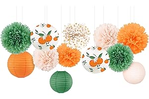 NICROHOME EUR Little Cutie Baby Shower Decorations, 12 PCS Orange Green Tissue Paper Pom Poms and Lanterns Set for Spring Sum