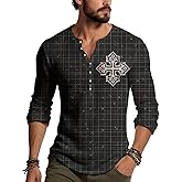 Xernbit Mens Distressed Henley Shirt Cross Rose Print Tee Vintage Casual Long Sleeve Shirts Gothic Graphic Tops Lightweight