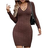 GORGLITTER Women's Cable Knit Sweater Dresses V Neck Long Sleeve Fall Winter Knit Pullovers Mini Pencil Dress 2025