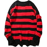 Zhiyouni Womens Punk Gothic Sweater Loose Oversized Striped Ripped Pullover Knit Sweaters