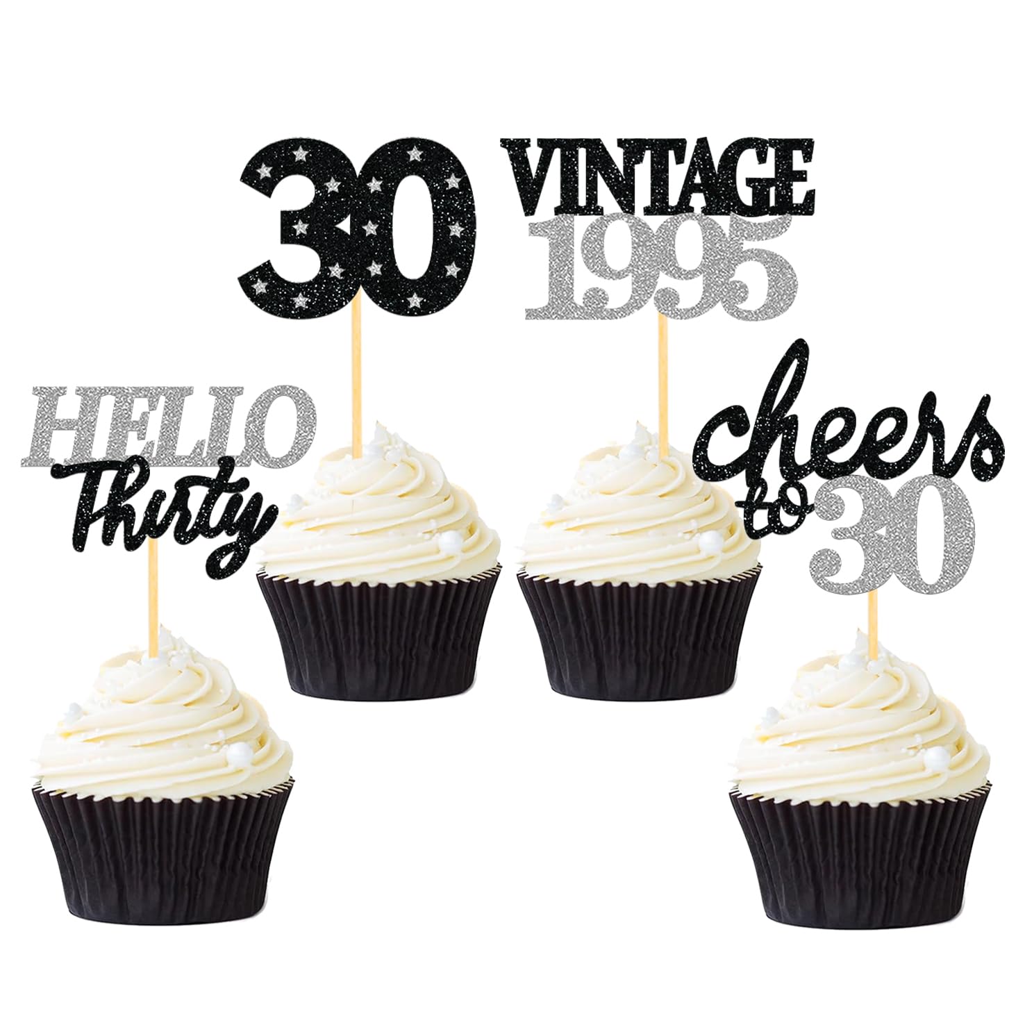 Photo 1 of 24 PCS Glitter 30th Birthday Cupcake Toppers for Celebrating Thirty Years Old Birthday Party Decorations for 30th Anniversary Party Supplies (Black&Silver)