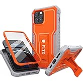 FITO Compatible with iPhone 12 Pro Max Case, Dual Layer Shockproof Heavy Duty Case for iPhone 12 Pro Max with Screen Protector, Built-in Kickstand (Orange, 6.7 inch)