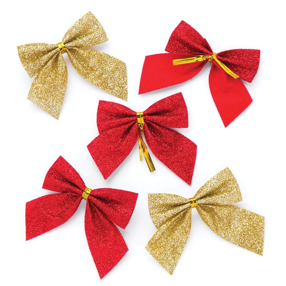 Baker Ross AR827 Christmas Glitter Bows - Pack of 24, Red and Gold with Ties for Festive Ornaments, Decorations, Arts and Crafts