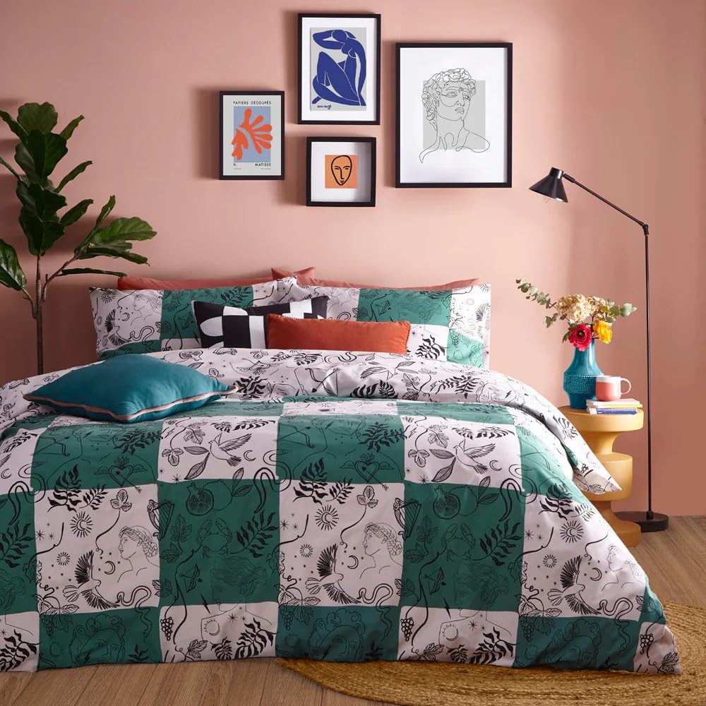 furn. Mythos Checkerboard Duvet Cover Set,Green/Natural,Single