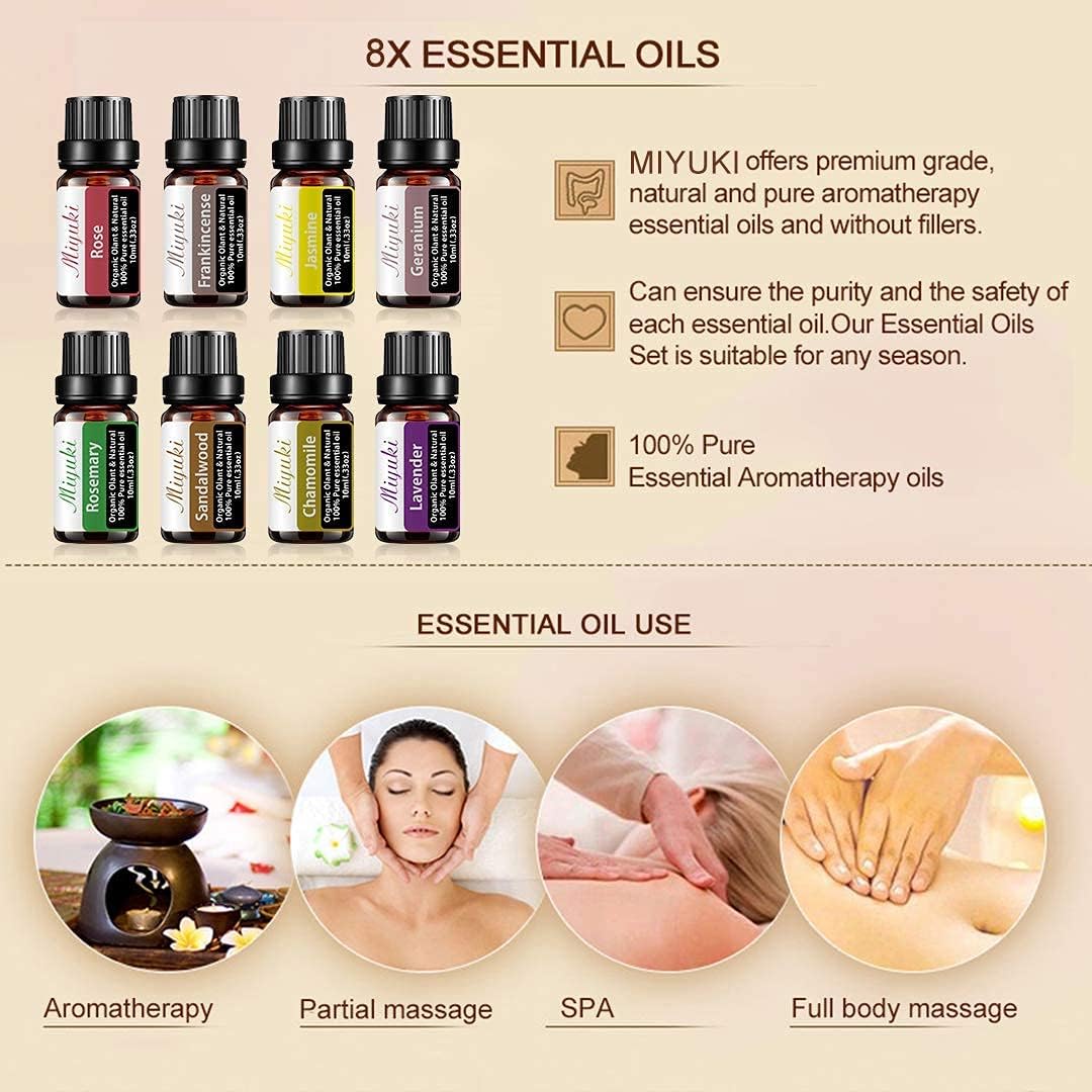Miyuki Essential Oil Sets Organic Plant & Natural 100% Pure Oils with Rose,Frankincense,Jasmine,Geranium,Lavender,Chamomile,Sandalwood,Rosemary - 8 Pack x10ML: Health & Personal Care