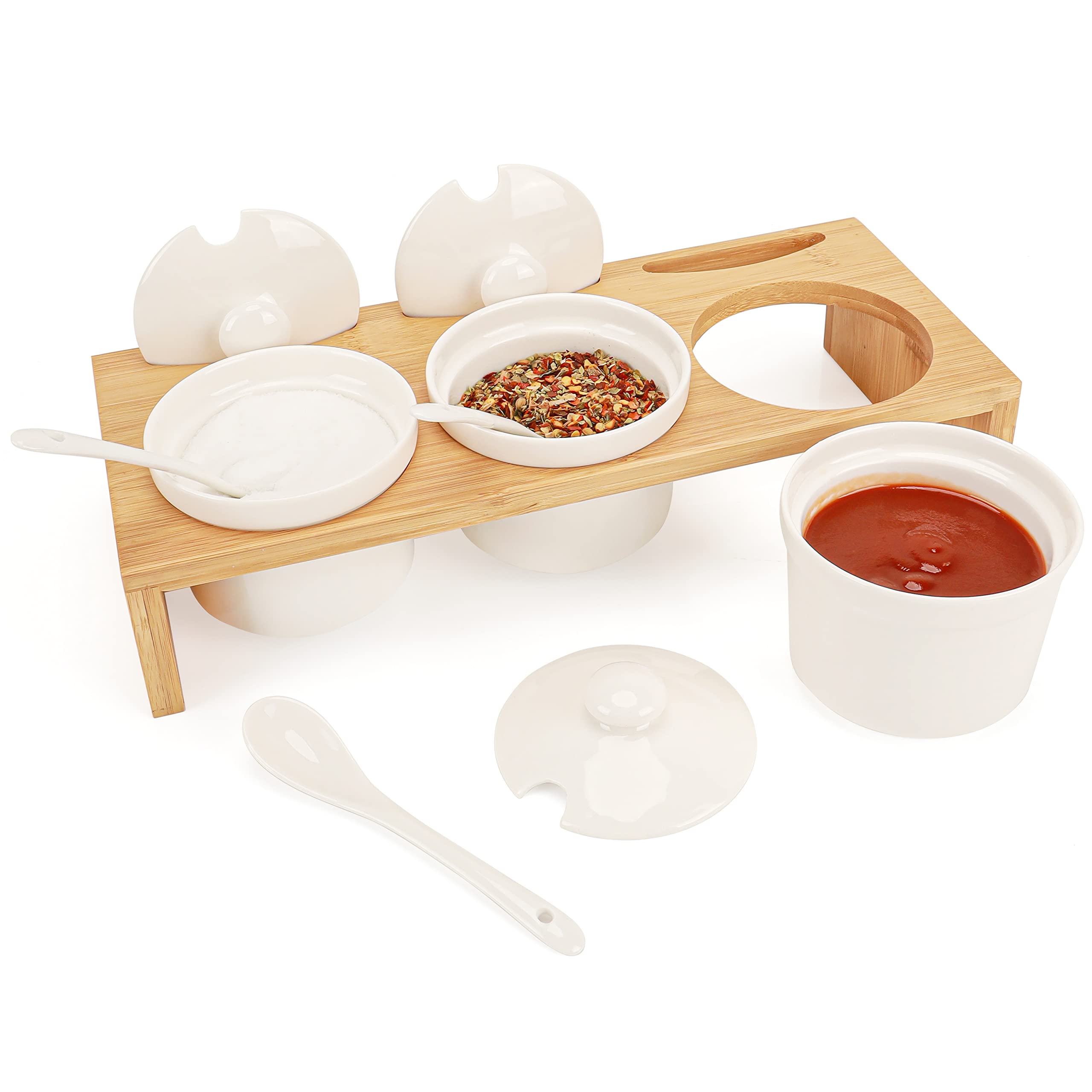 BELLE VOUS Ceramic Condiment Set with Spoons and Lids - 3 Small Containers with Bamboo Storage Stand - Ideal for Sauce, Dips, Spices, Herbs, Small Snacks, Salt, Pepper, Home & Kitchen