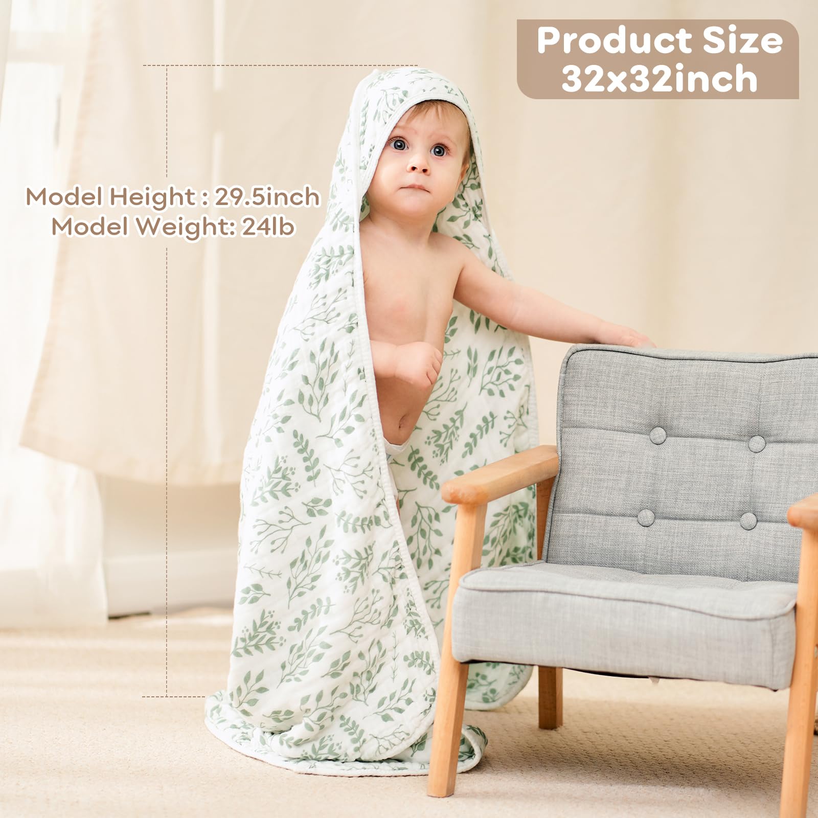 Baby Bath Towels, 100% Muslin Cotton Hooded Baby Towels for Newborn, Infant and Toddler, 2 Pack Soft and Absorbent Unisex Bath Essentials with Large 32x32Inch Size