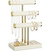 bussdis 3 Tier Bracelet Holder Display - Beige Leather Bracelet Holder, Detachable T Bar Jewelry Holder Organizer for Bracelet, Necklace, Earrings, Rings, Watches, Bangle