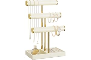 bussdis 3 Tier Bracelet Holder Display - Beige Leather Bracelet Holder, Detachable T Bar Jewelry Holder Organizer for Bracelet, Necklace, Earrings, Rings, Watches, Bangle