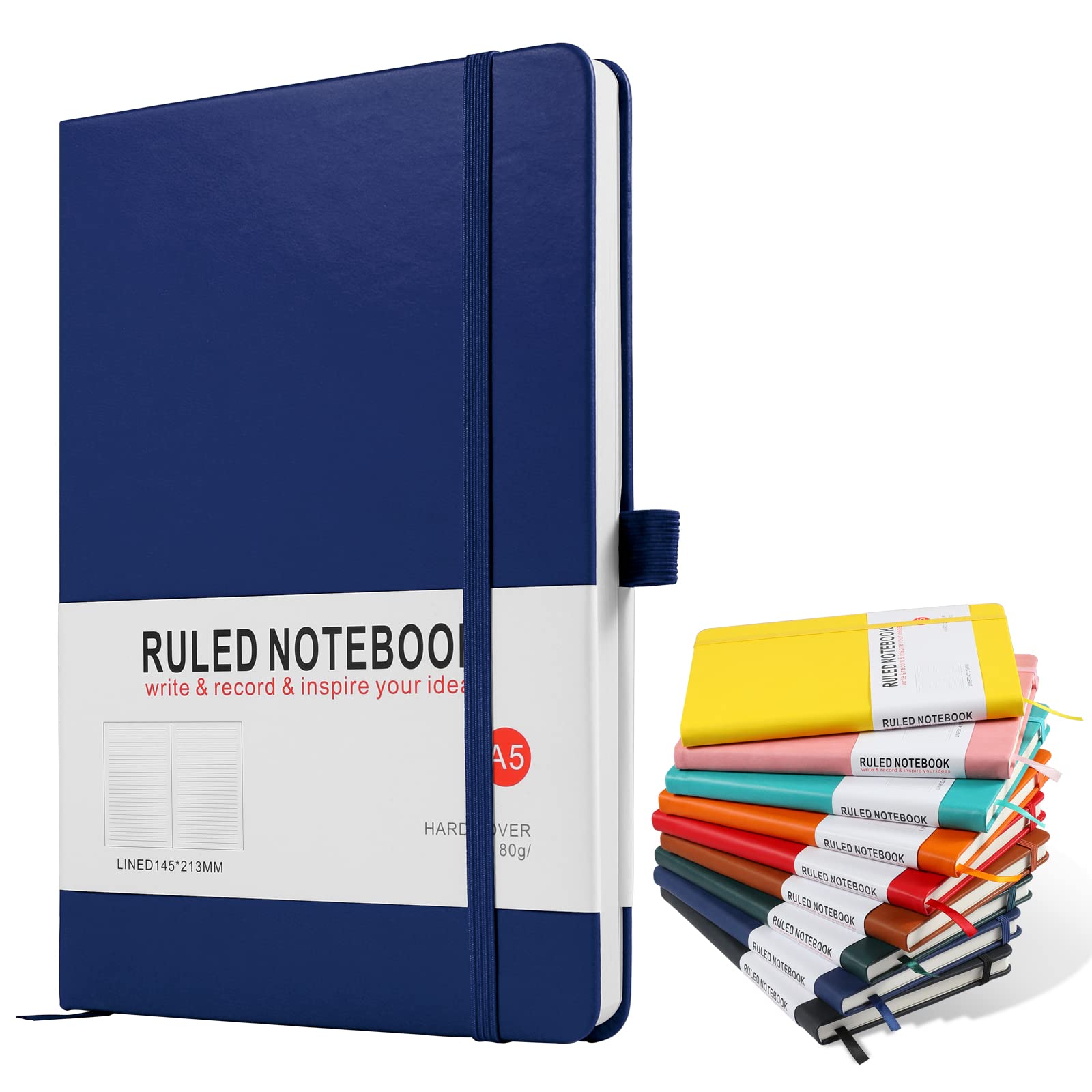 A5 Notebook, Journal Note Pad 200 Pages 80 GSM Journal Notebook Hardback Notepad Composition Notebooks with Lined Pages, Pen Loop and Expandable Paper Pocket, Journal Notepad Note Book-Blue