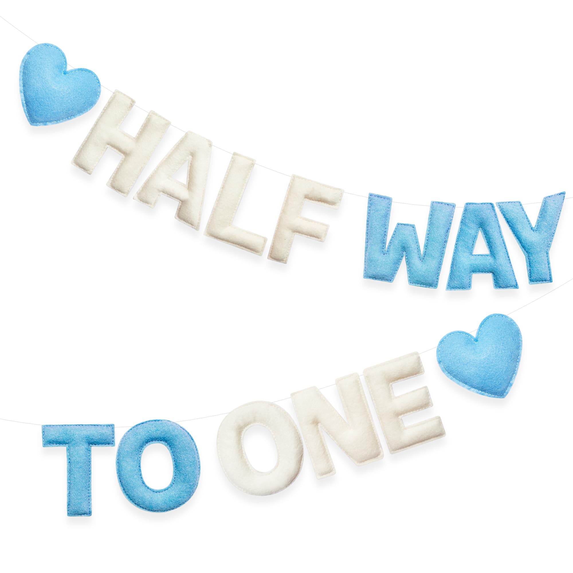 Photo 1 of 1/2 Way to One Birthday Decorations Blue Beige Handmade Felt Pre-Strung Half Way to One Sign Banner with Heart for 6 Months Birthday Baby Boy Decorations Party Nursery Home Wall Fireplace Decor