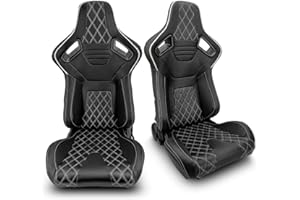 ModifyStreet 1 Pair Universal PVC LEATHER/WHITE STRIP/WHITE STITCH LEFT/RIGHT RACING BUCKET SEATS