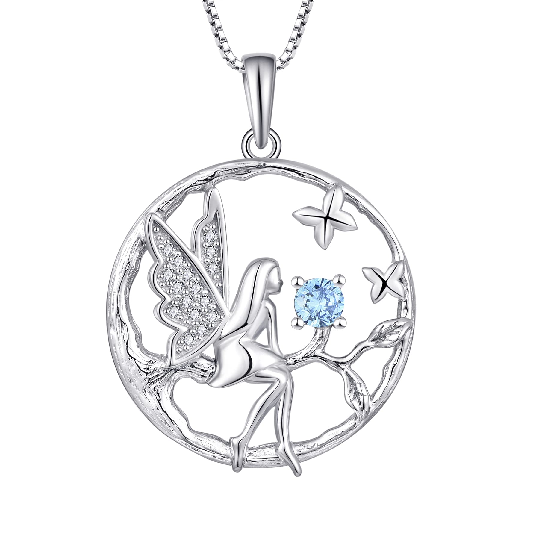 FJ Guardian Angel Necklace 925 Sterling Silver Tree of Life Pendant Fairy Necklace Aquamarine March Birthstone Jewellery for Women — image 1