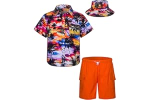 MOHEZ Boys Hawaiian Shirt and Short Set Summer Outfit Kids 2 Piece Clothes Set With Bucket Hat