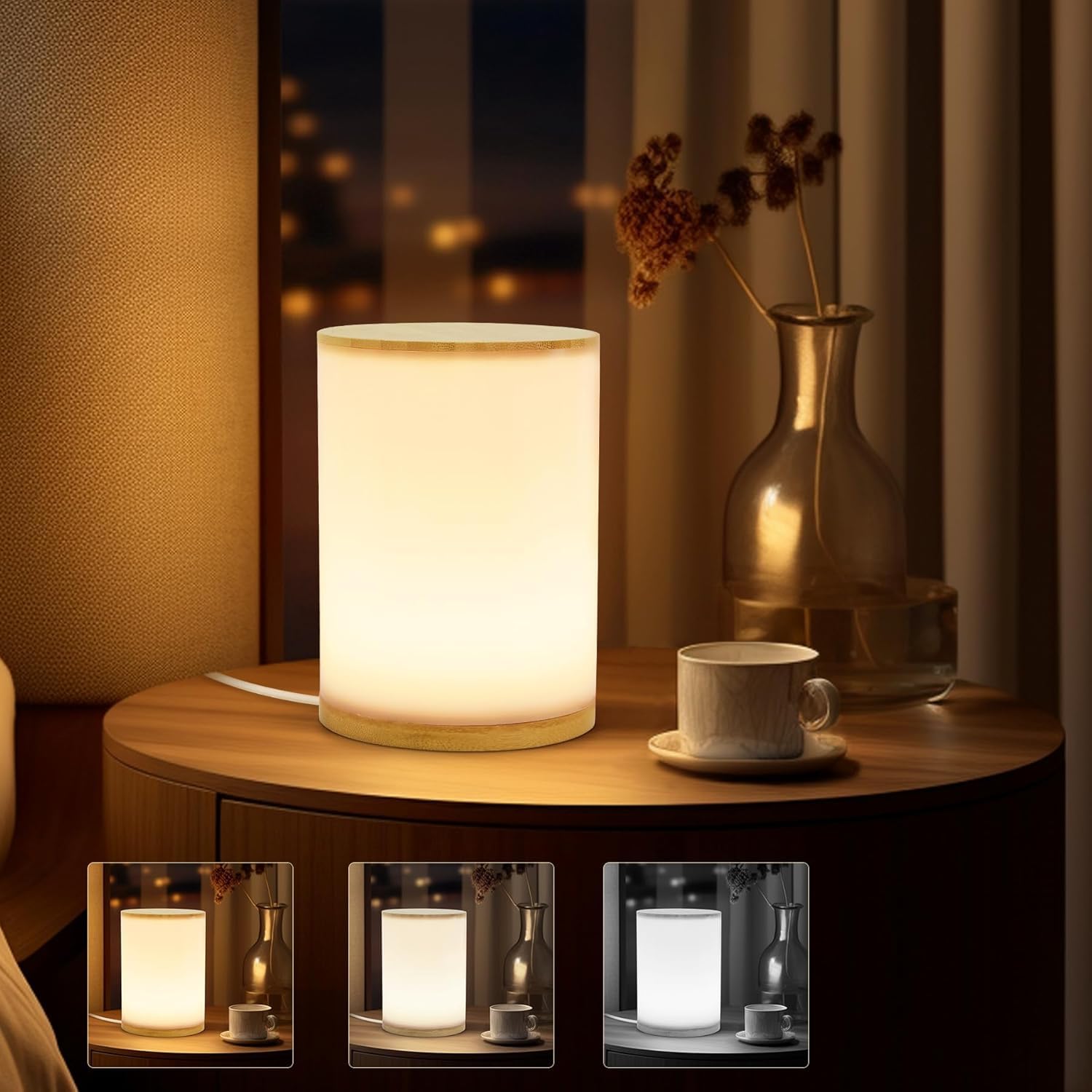 Photo 1 of UCHENTON Mini Bamboo Bedside Table Lamp with10 Brightness & 3 Color Temperatures,Cozy PC Shade,Soft Ambient Nightstand Night Light for Bedroom,Kids Room,Bedroom,Dorm,Nursery