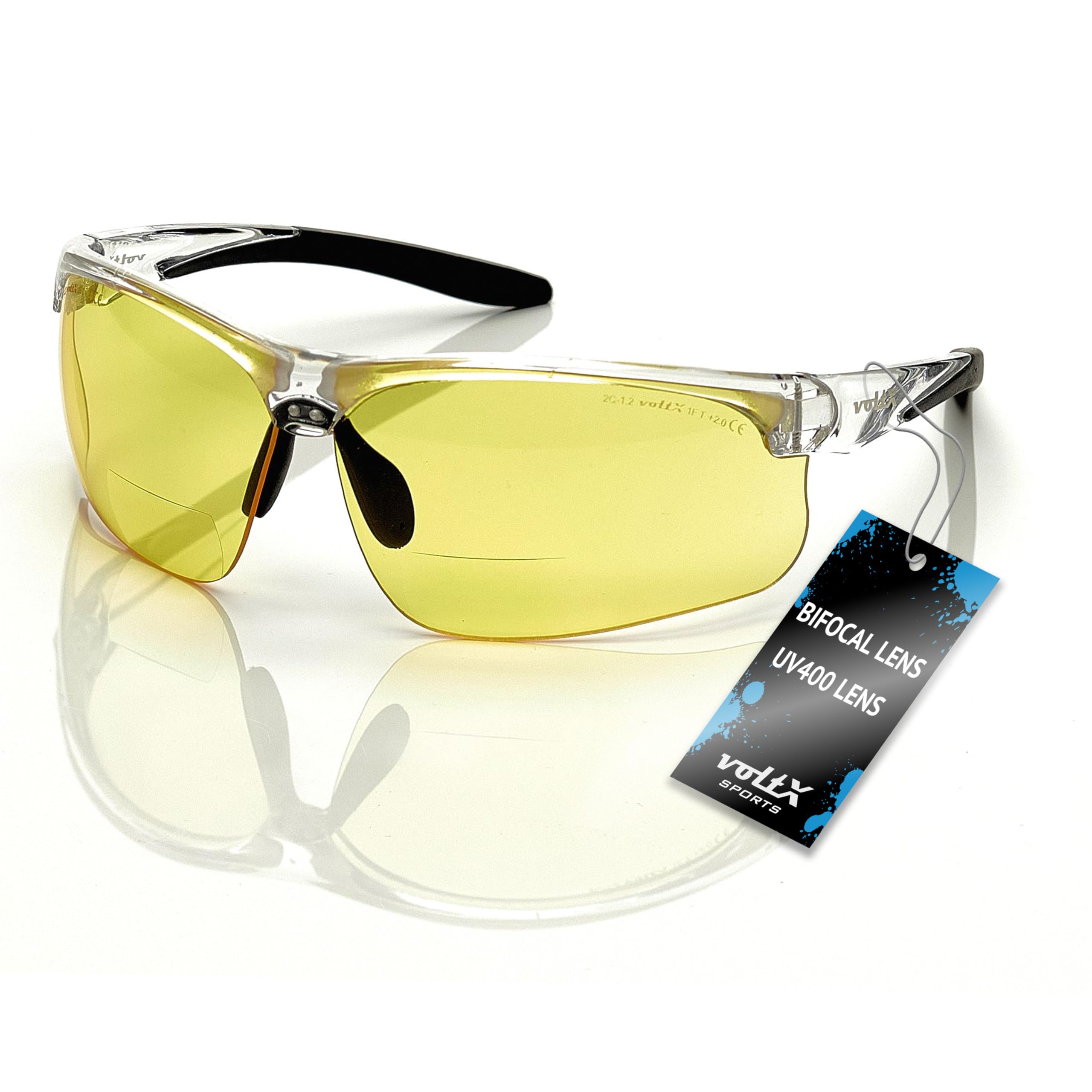 voltX 'ULTIMATE SPORTS' Bifocal Safety Glasses (+2.0 Dioptre, ULTIMATE Yellow) - Anti Fog Coated UV400 lens - Adjustable nosepiece - Microfibre Carry Bag