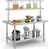 YITAHOME NSF Stainless Steel Table, 60" X 36" Work Table with 60" X 12" Shelf & Hooks, Metal Table Prep Table for Home Kitche