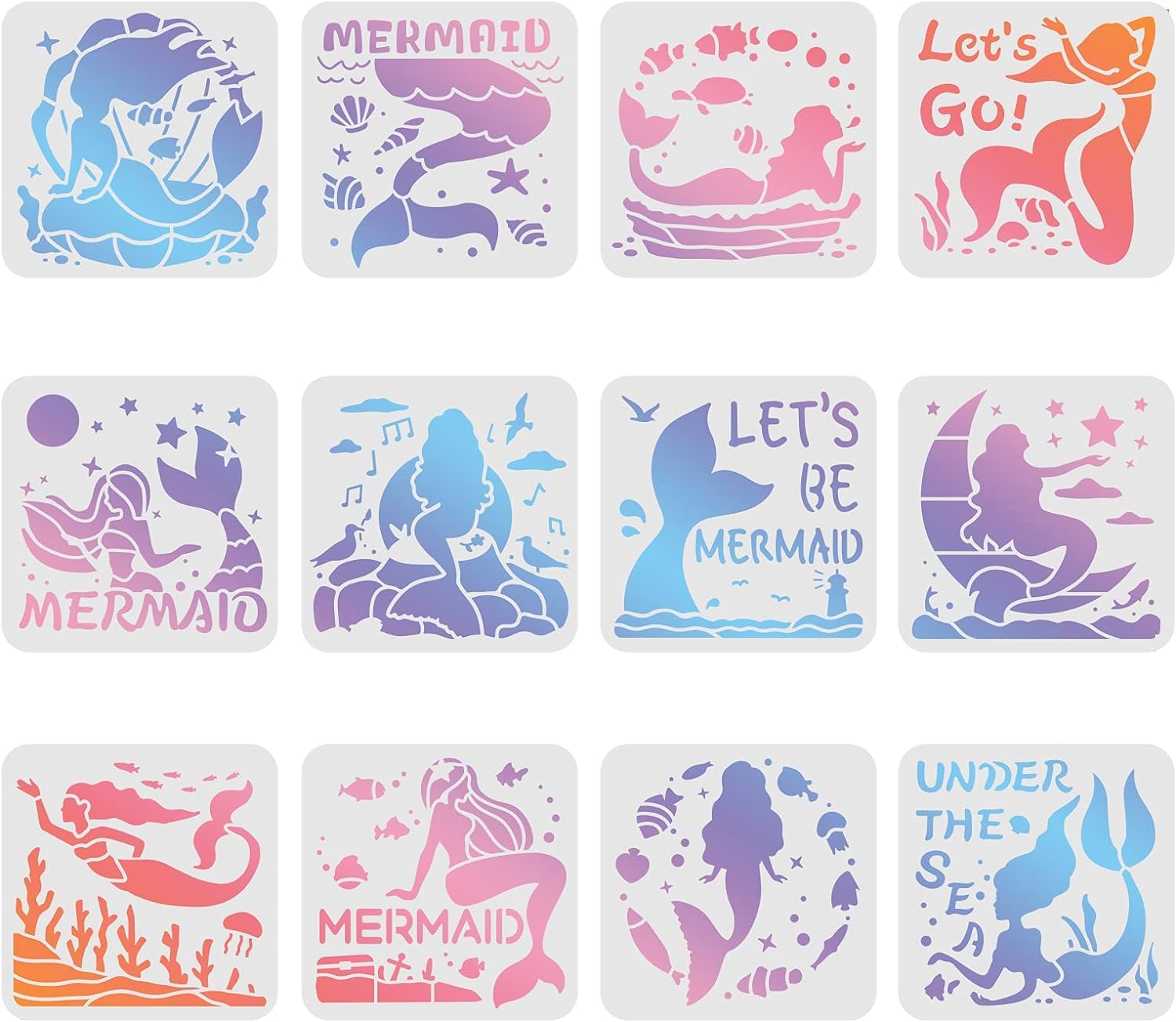 FINGERINSPIRE 12 Pcs Mermaid Stencils Drawing Painting Templates Sets 20x20cm Plastic Drawing Painting Stencils Scale Template Sets for Creation Scrapbooking