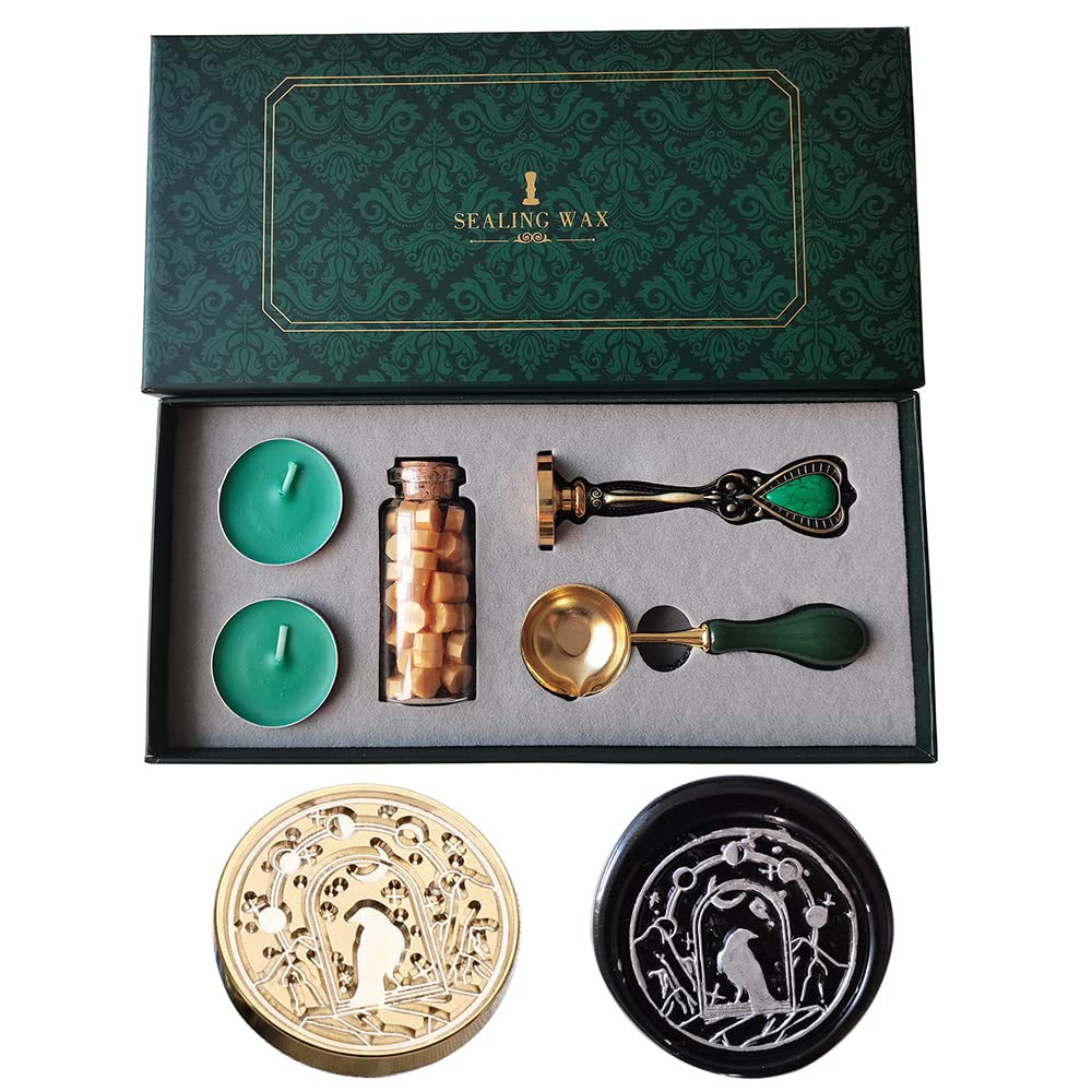 PORXFLY Wax Seal Stamp Set,Vintage Personalized European style Wax Seal Stamp Kit Gift Box Set for Wedding Invitations, Letters,Wine Packages,Cards Envelopes, Gift Wrapping (Crow)