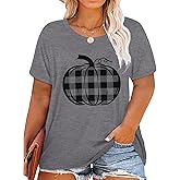 Plus Size Halloween Pumpkin Shirt Women Plaid Leopard Fall Graphic Tees Short Sleeve Thanksgiving Gift Tops T-Shirt