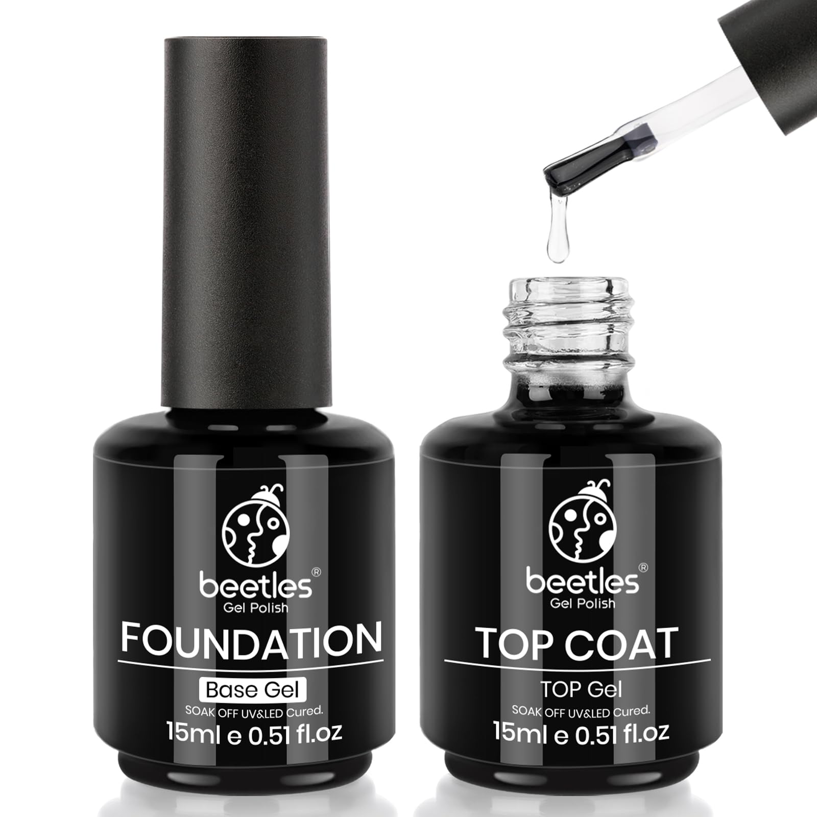 Beetles Gel Polish 2x15ML No Wipe Top and Base Coat Set - Shine Finish and Long Lasting Soak Off LED Nail Lamp Gel Base Top Coat Finish Nail Art Design Manicure for Girls