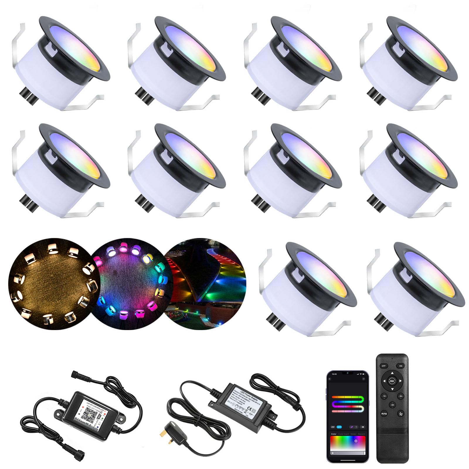 RGBWW LED Decking Lights,WiFi LED Deck Lights RGBIC Dreamcolor IP67 Waterproof Ø31MM 12V Work with Alexa/Google Assistant,Led Plinth Lamps Chasing Effect for Yard,Garden,Patio,Stair Decor-10 Pack