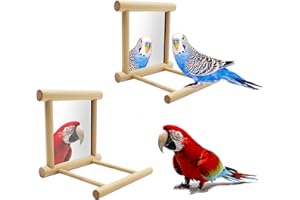 BLLESQELAX Blessed Family 2 Piece Bird Parakeet Mirror for Cage,Parrot Perch Stand,Wooden Hummingbird Swing Toy,Parakeet Accessories for Cockatiels Conure Finch Lovebird Canary African Grey Macaw