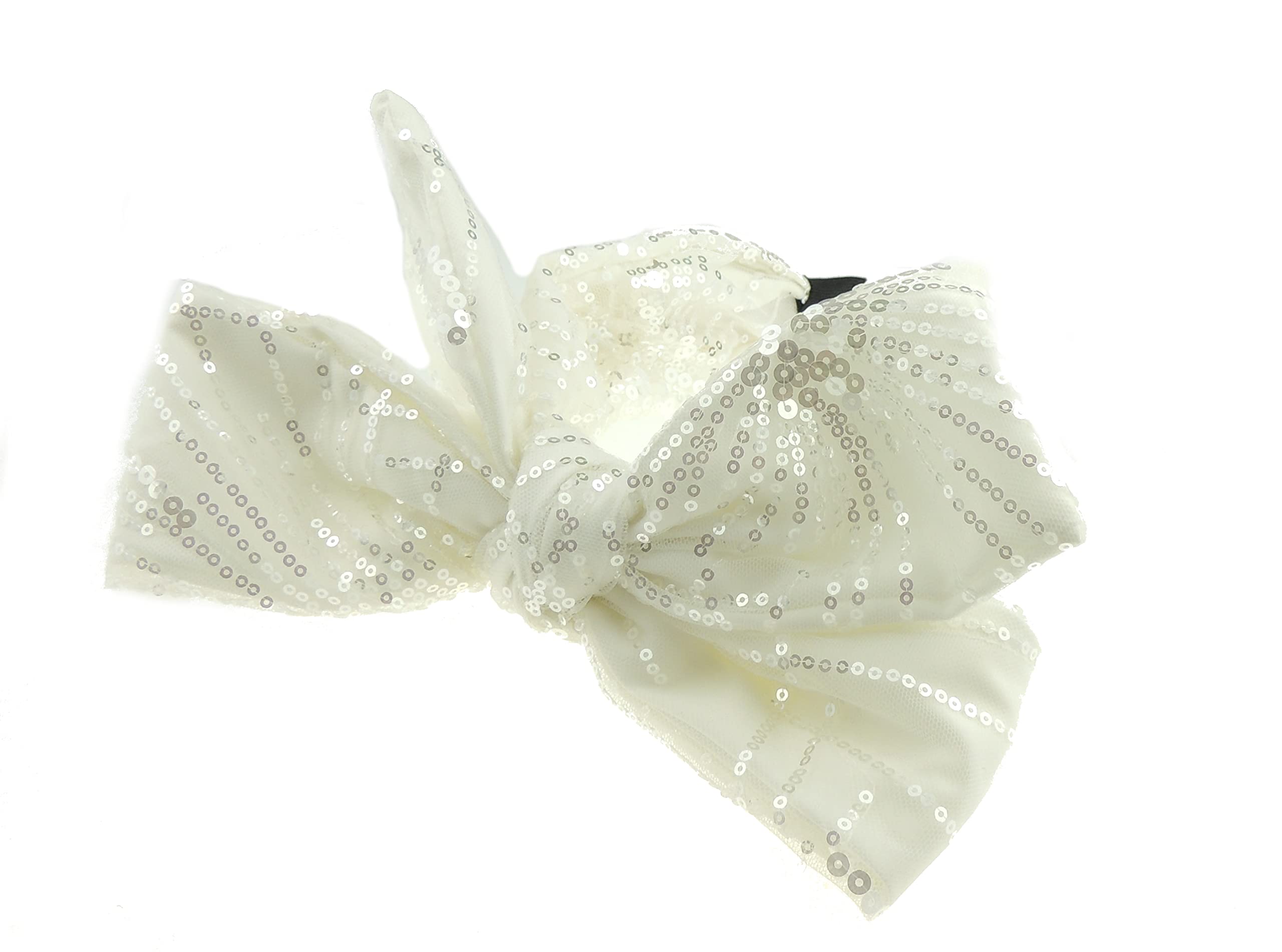 Ladies Sparkly Sequin Evening Party Big Full Bow Covered Headband Alice Band (White)
