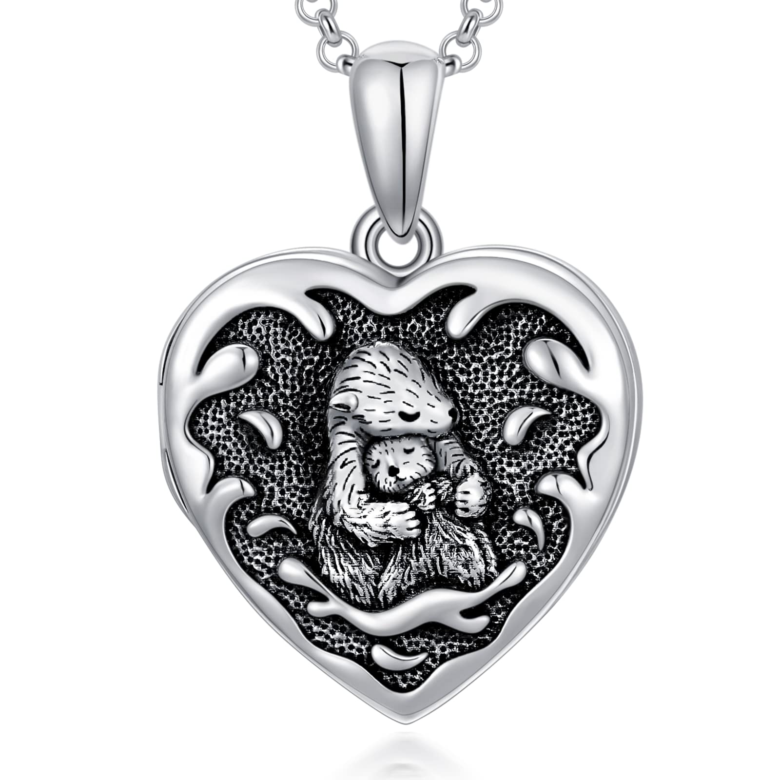 SOULMEET Cute Mother Baby Sea Otters Locket Necklace That Holds 2 Pictures Photos Keep Some One Near to You Sterling Silver Heart Locket Gift on Mothers Day Birthday Gift (Locket only)