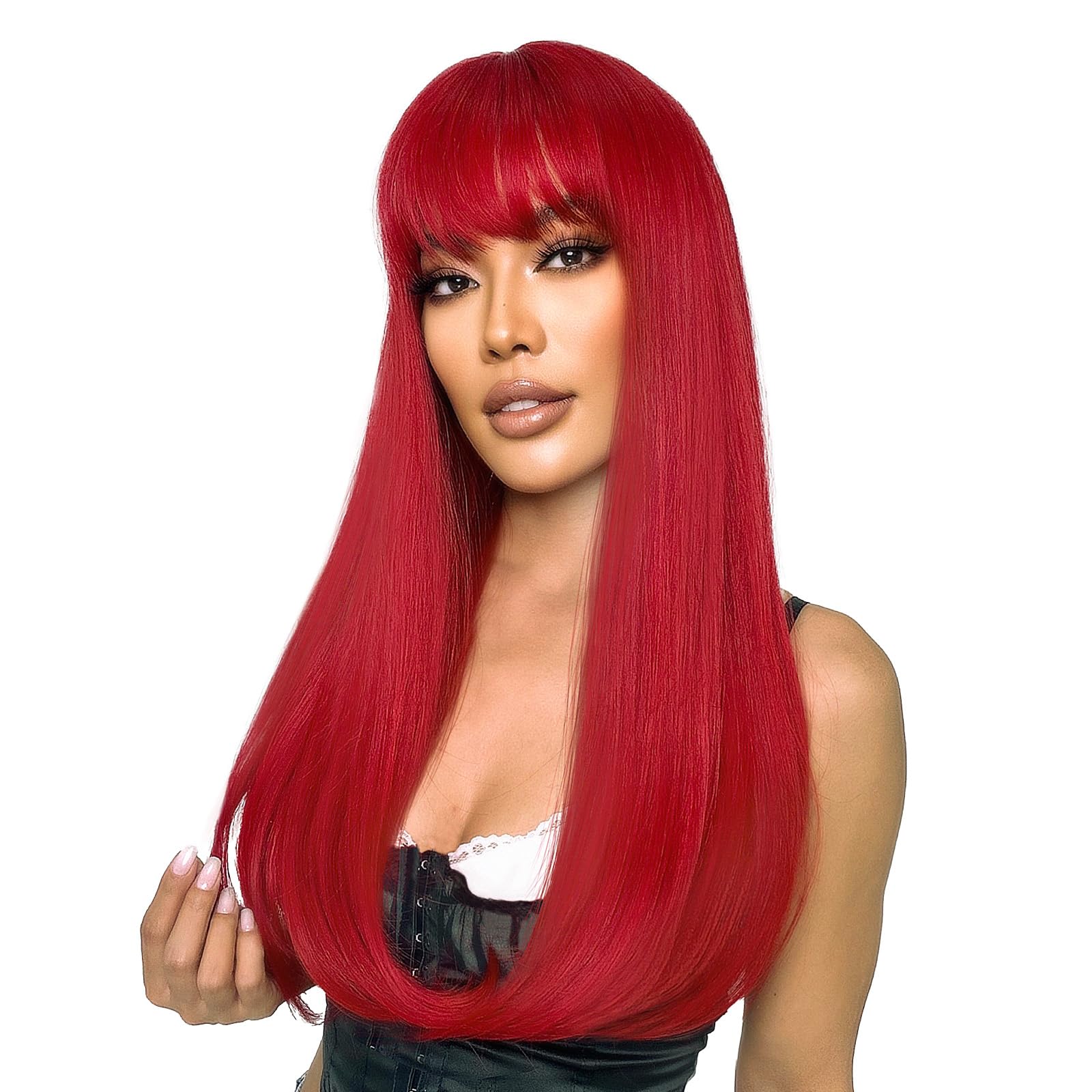 Photo 1 of SUKRI Red Wig with Bangs Long Straight Wigs for Women Red Natural Looking Hair Synthetic Heat Resistant Womens Wig for Daily Party Cosplay Use 22 Inch