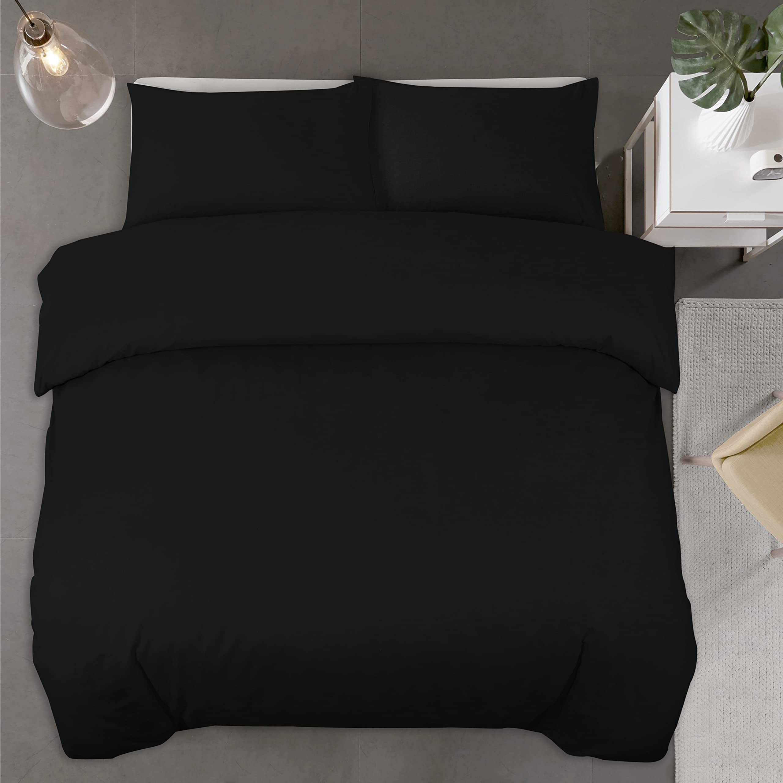 Belle Home Black Super king Duvet Set With Matching Pillowcases Plain Dyed Quilt Cover Cases Bedroom Bedding & Linen Set