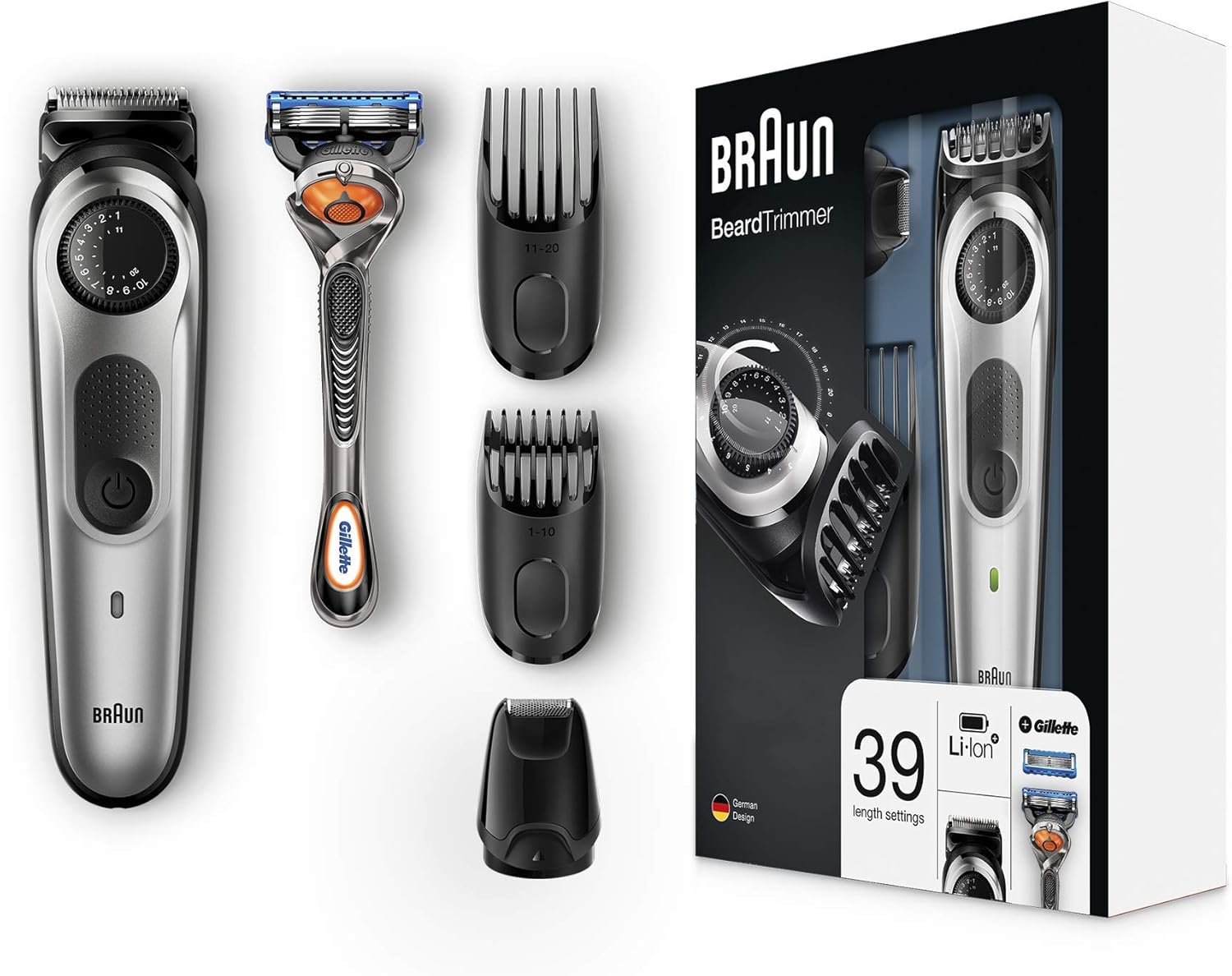 Braun Barttrimmer und Haarschneider BT5065, 39 Längeneinstellungen, AutoSense-Technologie, Präzisionsscherkopf, inkl. Gillette Rasierer, schwarz/silber