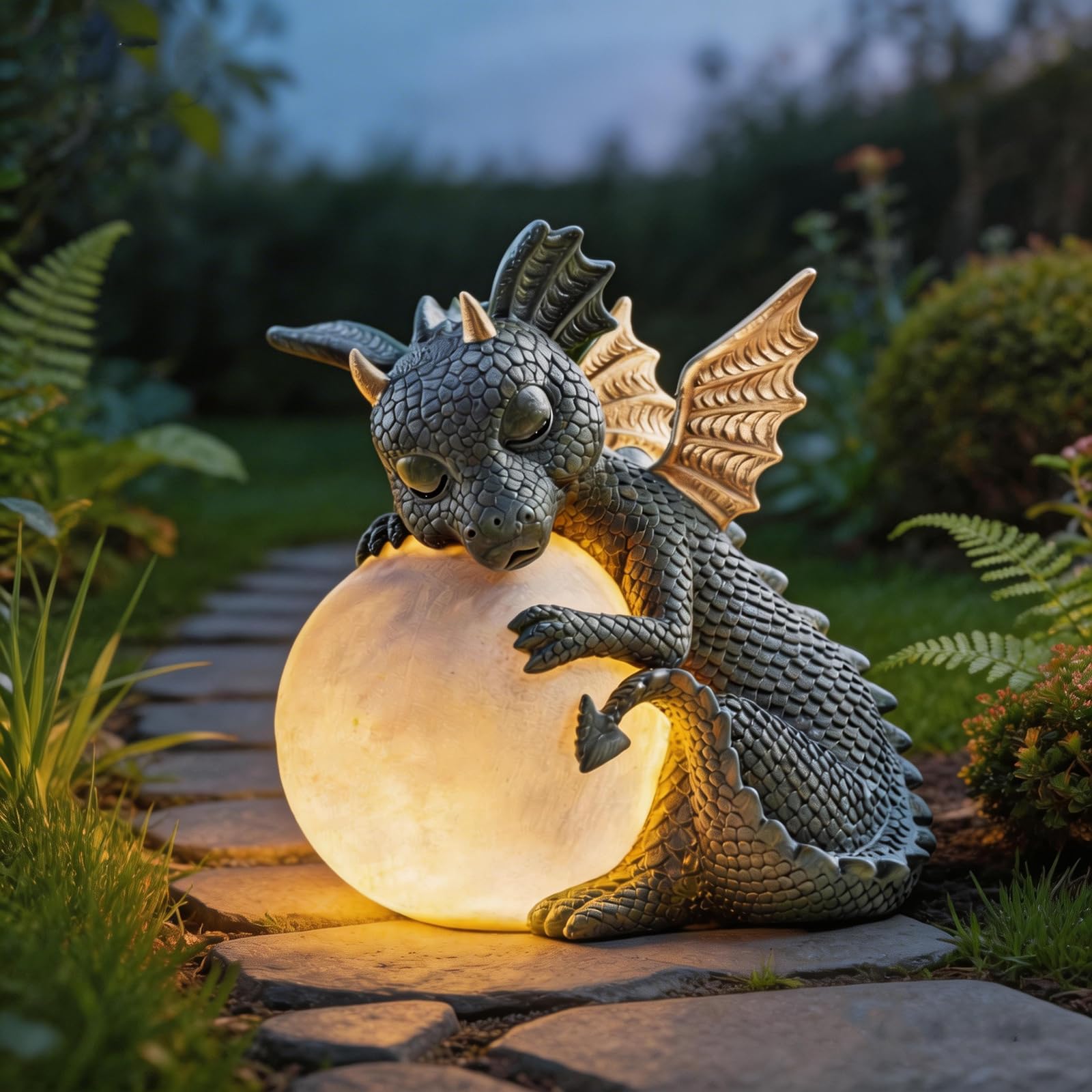 Mocoli Dragon Decorative Figure with Round Light, Outdoor Dragon Garden Decoration for Balcony