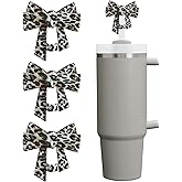 Amreich Large Bow Straw Toppers with Leopard Print - 3 Pack Silicone Straw Covers for Stanley Cup, 10mm/0.4in Reusable Straws Cover Caps Cute Stanley Tumblers Accessories with Storage Case