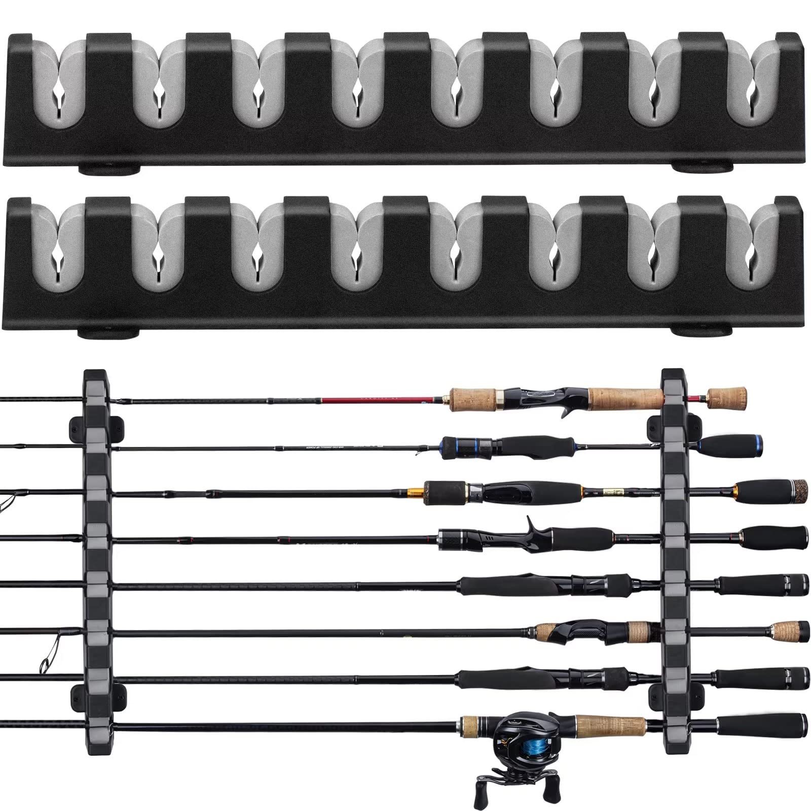 THKFISH Fishing Rod Holders Fishing Rod Rack Wall Mount Horizontal Fishing Pole Holders for Garage Room, Boats Store 8 Fishing Rod Combos,1pair grey