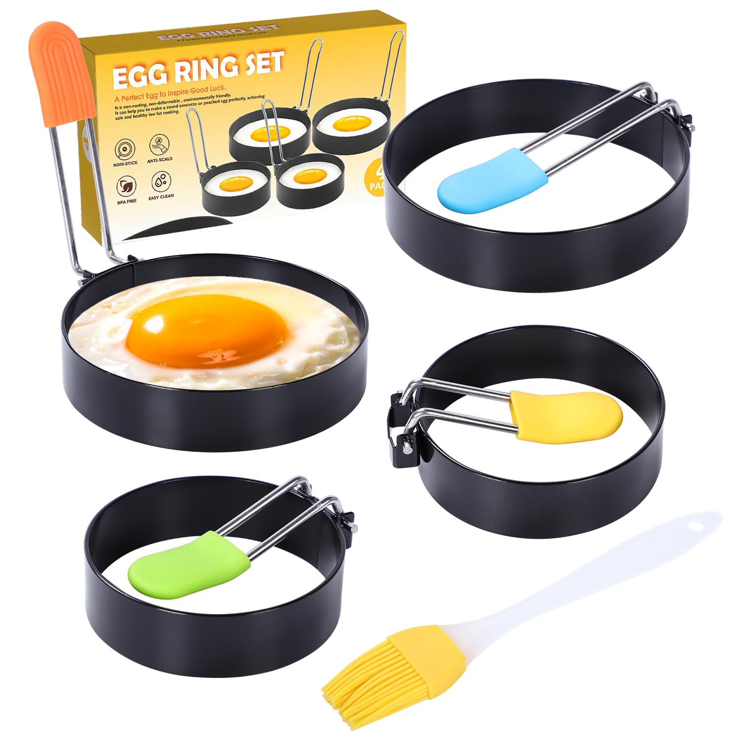 Tomtary 4Pcs Egg Ring Stainless Steel Egg Ring Molds with Anti-Scald Silicone Handle and Oil Brush Non Stick Round Egg Pancake Molds for Kitchen Omelets Bread Sandwiches Burgers